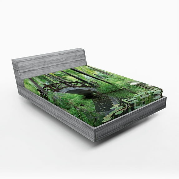 Ambesonne Peace Garden Fitted Sheet, Park in South China, Full Size, Green Grey Brown