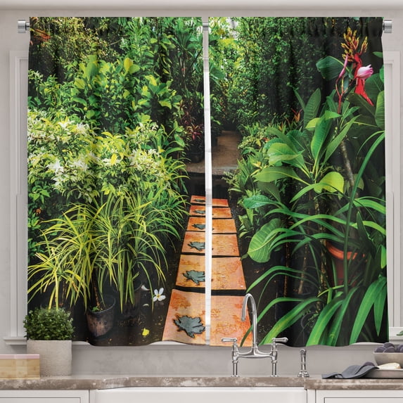Ambesonne Peace Garden Kitchen Curtains, Tropical Vibes Print, 55"x39", Green Pale Brown