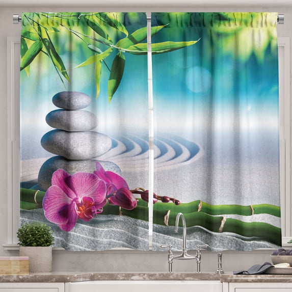 Ambesonne Peace Kitchen Curtains, Spa Sand Orchid Flower, 55"x45", Blue Fern Green Fuchsia