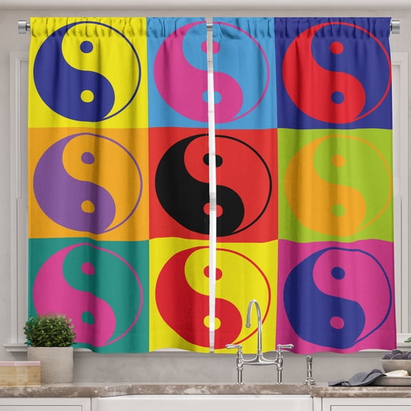 Ambesonne Peace Kitchen Curtains, Ying Yang Hippie, 55"x30", Multicolor