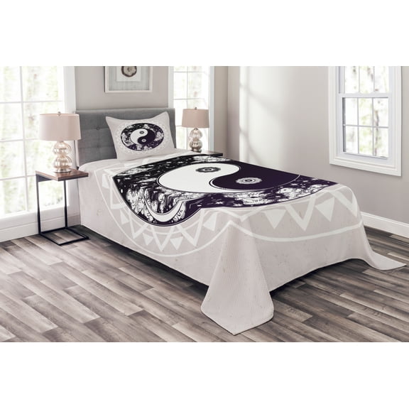 Ambesonne Peace Quilted Bedspread Set 2 Pcs, Ying Yang Boho Art, Twin Size, Black White Beige