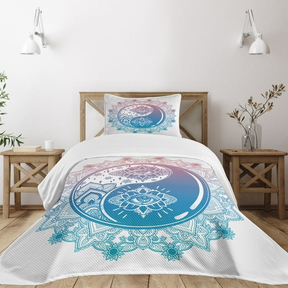 Ambesonne Peace Quilted Bedspread Set 2 Pcs, Ying Yang Mandala, Twin Size, Pink Blue