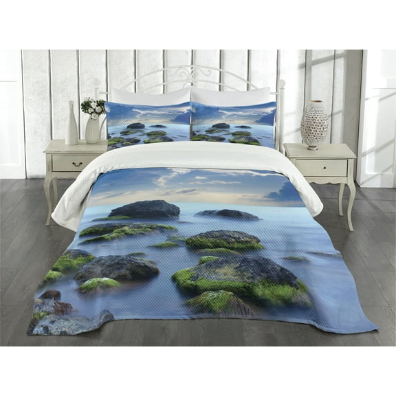 Ambesonne Peace Quilted Bedspread Set 3 Pcs, Seaside Stones, King Size, Blue Pale Blue Green