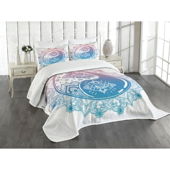 Ambesonne Peace Quilted Bedspread Set 3 Pcs, Ying Yang Mandala, King Size, Pink Blue
