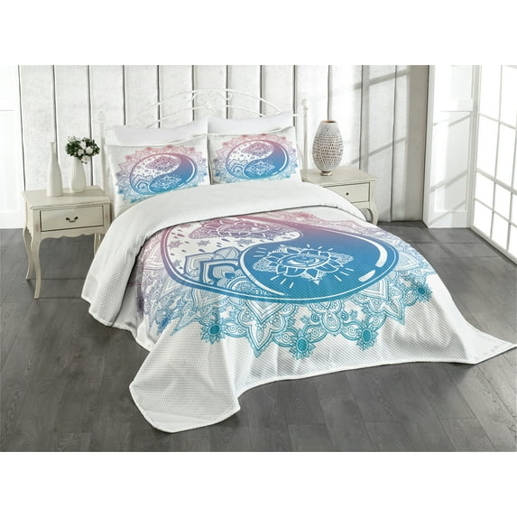 Ambesonne Peace Quilted Bedspread Set 3 Pcs, Ying Yang Mandala, Queen Size, Pink Blue