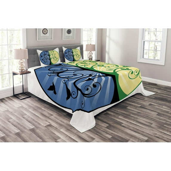 Ambesonne Peace Quilted Bedspread Set 3 Pcs, Ying Yang Tree, King Size, Black Green and Blue