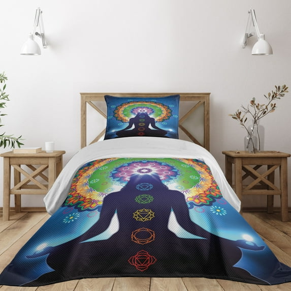 Ambesonne Peace Quilted Coverlet 2 Pcs, Mandala Yoga, Twin Size, Multicolor