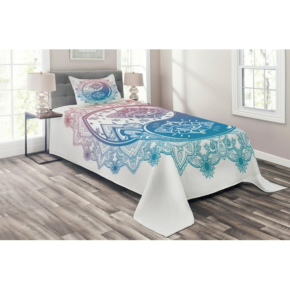 Ambesonne Peace Quilted Coverlet 2 Pcs, Ying Yang Mandala, Twin Size, Pink Blue