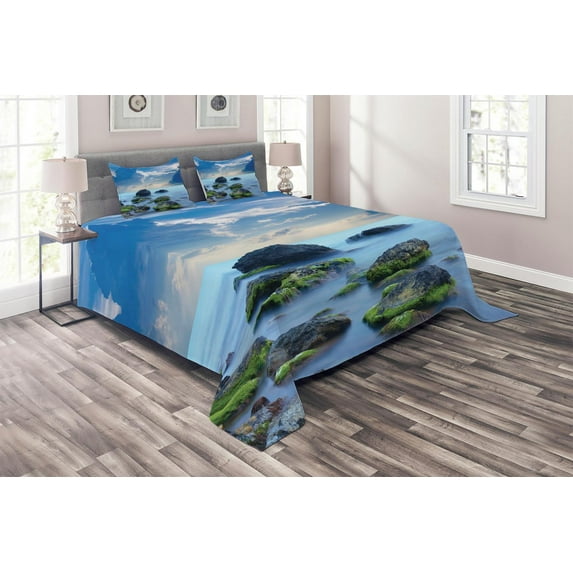 Ambesonne Peace Quilted Coverlet 3 Pcs, Seaside Stones, Queen Size, Blue Pale Blue Green