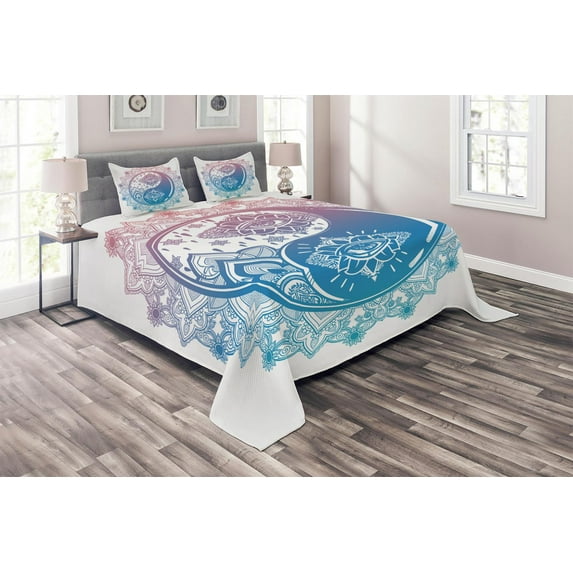 Ambesonne Peace Quilted Coverlet 3 Pcs, Ying Yang Mandala, Queen Size, Pink Blue