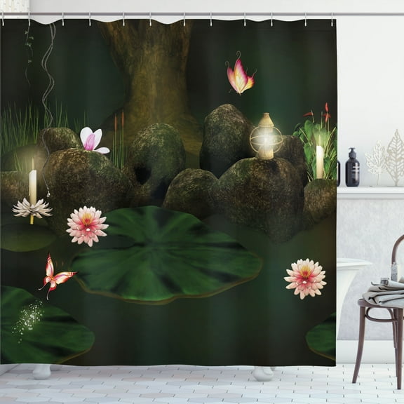 Ambesonne Peace Shower Curtain, Forest with Candle, 69"Wx75"L, Green Brown