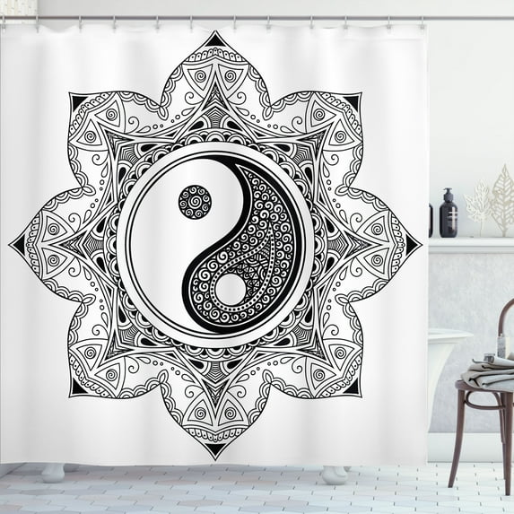 Ambesonne Peace Shower Curtain, Mandala Floral Illustration, 69"Wx70"L, White Black