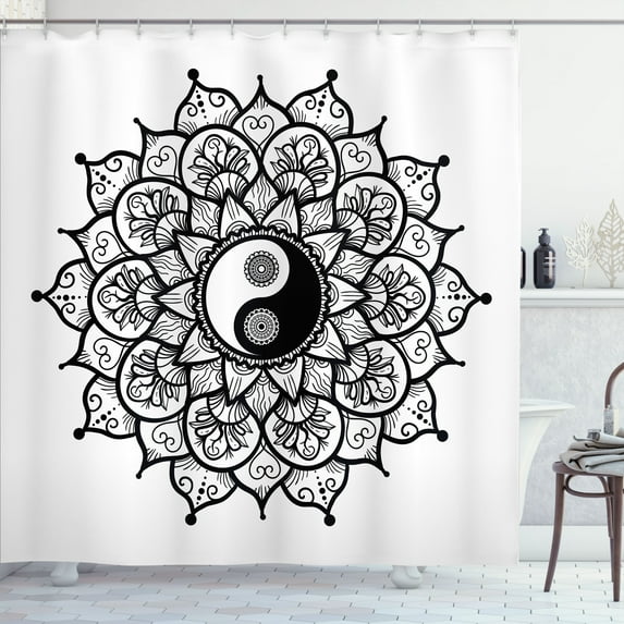 Ambesonne Peace Shower Curtain, Retro Floral Art, 69"Wx70"L, Black White