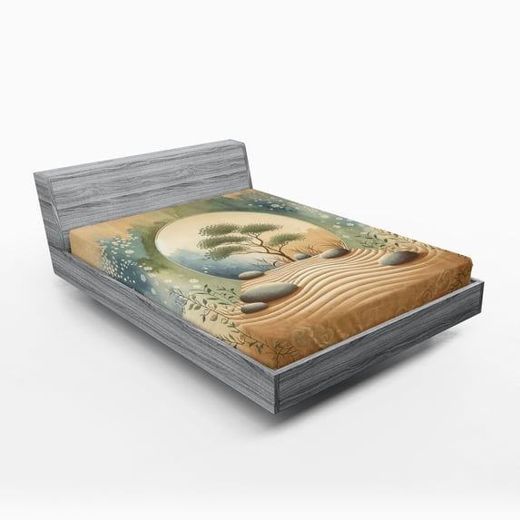 Ambesonne Peacefulness Fitted Sheet, Stones Sand and Tree, Full Size, Camel Reseda Green Blue