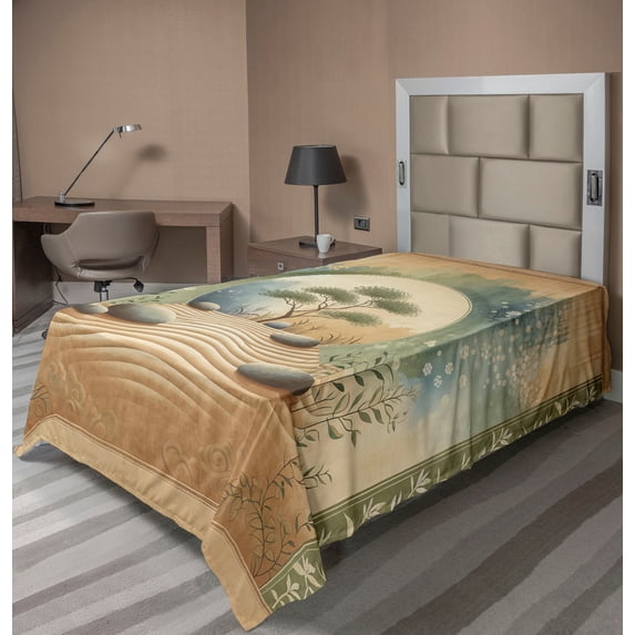 Ambesonne Peacefulness Flat Sheet, Stones Sand and Tree, Twin Size, Camel Reseda Green Blue