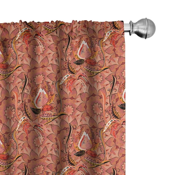 Ambesonne Peach 4-Panel Curtains, Floral Vibrant Drawing, 56"x63", Peach Orange Black