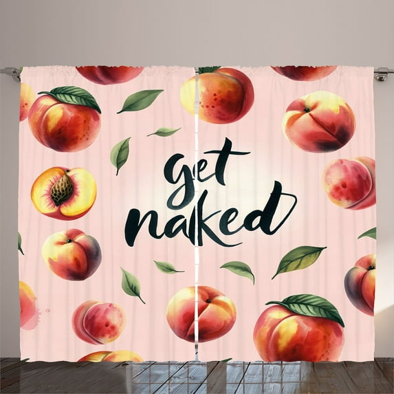 Ambesonne Peach Curtains 2 Panel Set, Get Naked and Playful Fruit, 108" x 63", Blush Dark Coral Yellow
