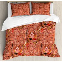 Ambesonne Peach Duvet Cover Set, Floral Vibrant Drawing, Calking, Peach Orange Black