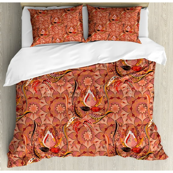 Ambesonne Peach Duvet Cover Set, Floral Vibrant Drawing, Calking, Peach Orange Black