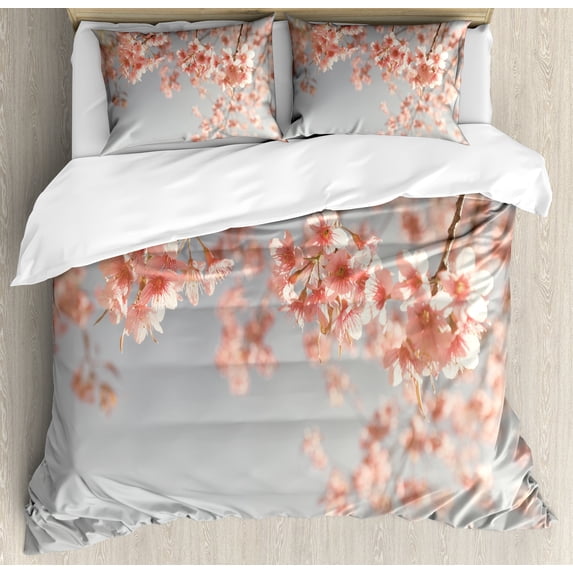 Ambesonne Peach Duvet Cover Set, Japanese Scenery Sakura Tree Cherry Blossom Nature Photography Coming of Spring, Decorative 3 Piece Bedding Set with 2 Pillow Shams, King Size, Burgundy Teal King Burgundy Teal
