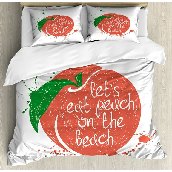 Ambesonne Peach Duvet Cover Set, Soft Fruit Quirky Words, Queen, Green Coral White
