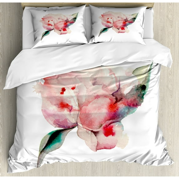 Ambesonne Peach Duvet Cover Set, Watercolor Penoies Nature, Queen, Scarlet Rose Green