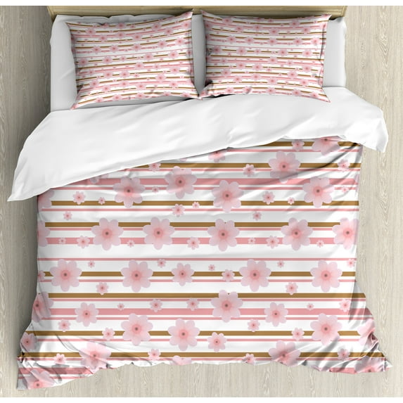Ambesonne Peach Duvet Cover Sets, Cherry Buds Blossoms, 2-King, Pale Pink Caramel