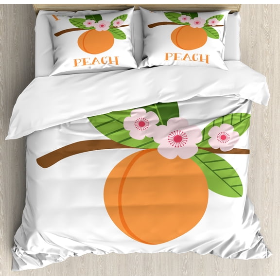 Ambesonne Peach Duvet Cover Sets, Learning P is for Peach Fruit, 2-King, Apricot Olive Green