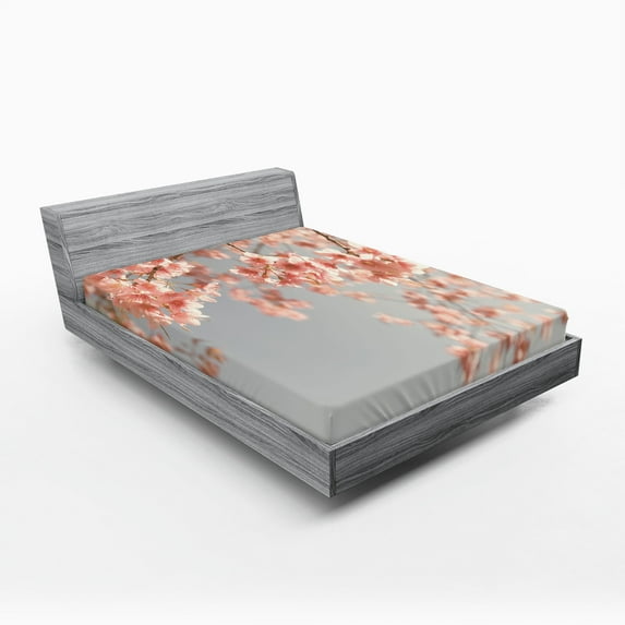 Ambesonne Peach Fitted Sheet 2 Pcs Set, Scenery Sakura Trees, Full, Bluegrey Coral