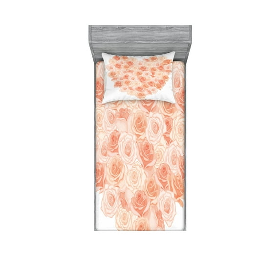 Ambesonne Peach Fitted Sheet & Pillow Sham Set, Heart Shaped Blossoms, Twinxl, Salmon Peach