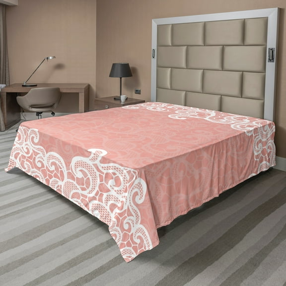 Ambesonne Peach Flat Sheet, Laces Design Ornamental, King Size, Coral White