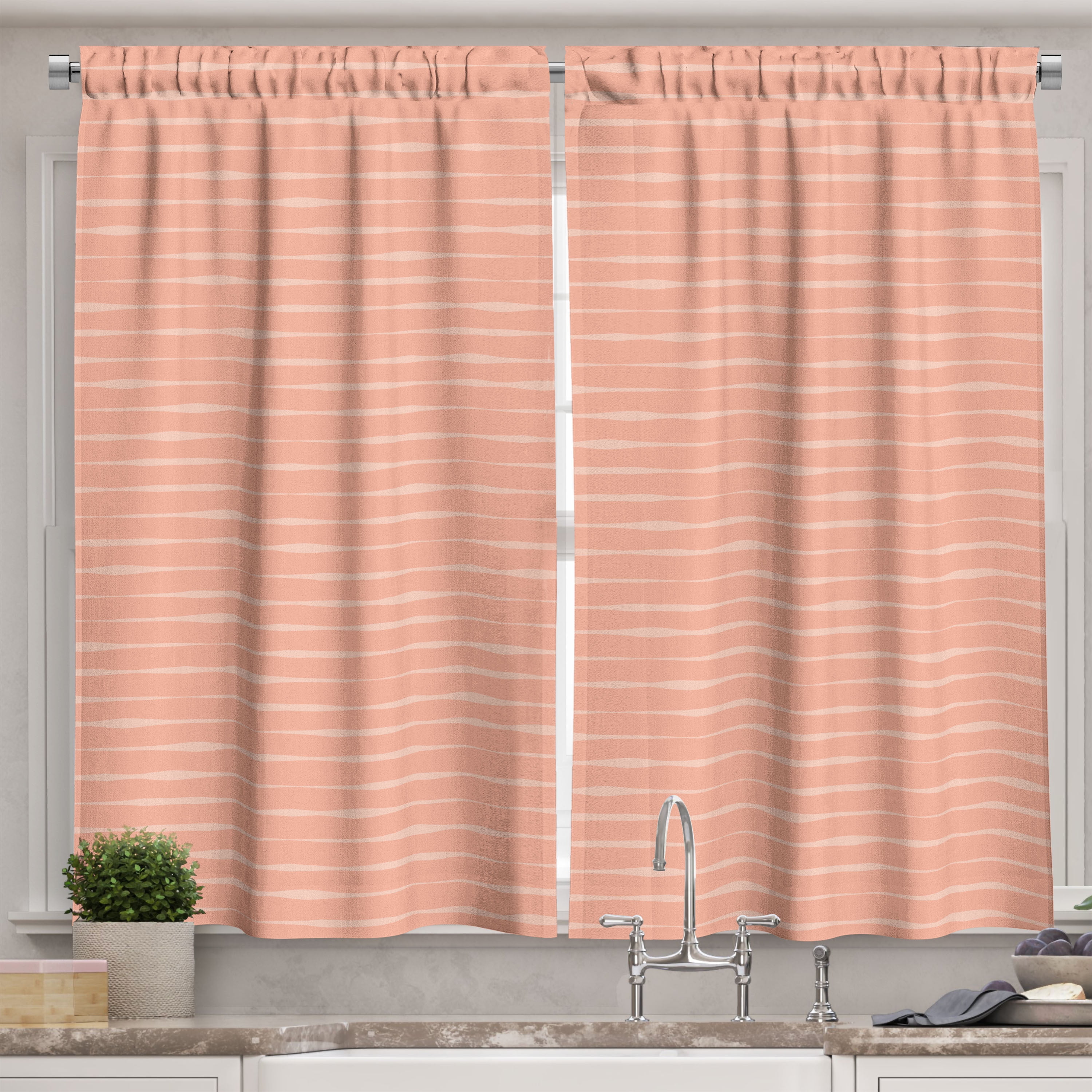 Ambesonne Peach Kitchen Curtains, Abstract Wavy Peachy Lines, 55"x45