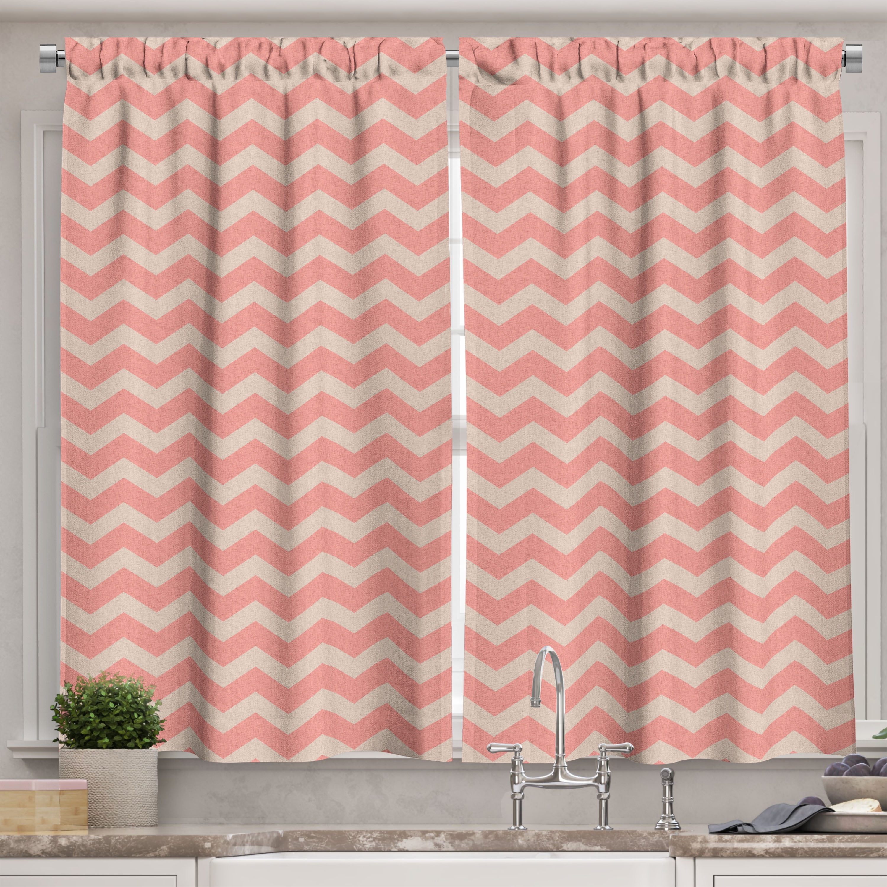 Ambesonne Peach Kitchen Curtains, Chevron Zigzag Vintage, 55"x39