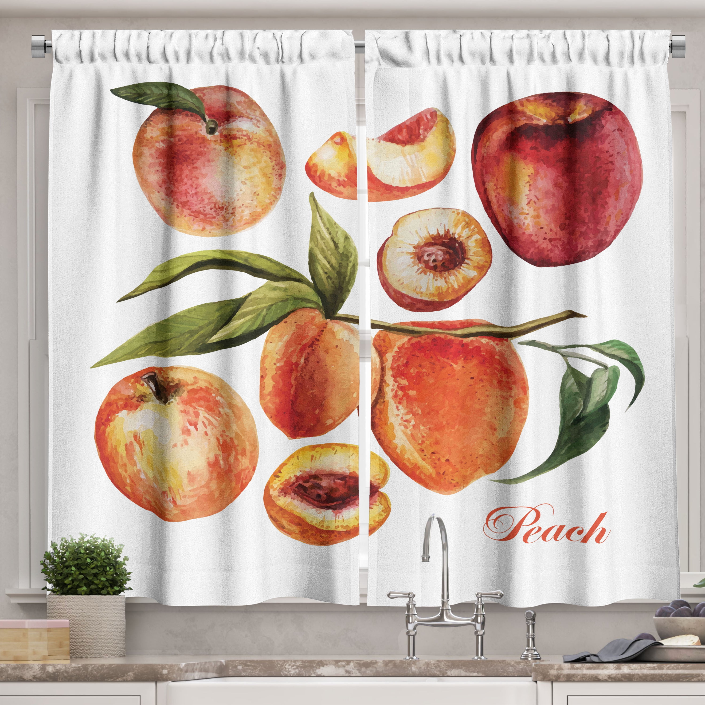 Ambesonne Peach Kitchen Curtains, Delicious Nectarines, 55"x45", Orange