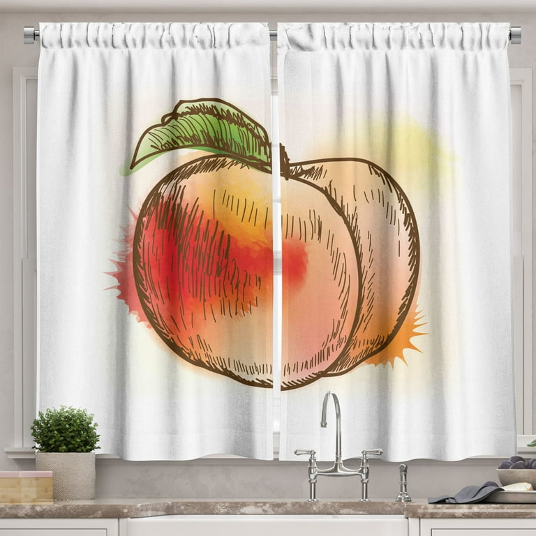 Ambesonne Peach Kitchen Curtains, Fresh Ripe Fruits in a Box, 55x45,  Apricot Dusk and White 
