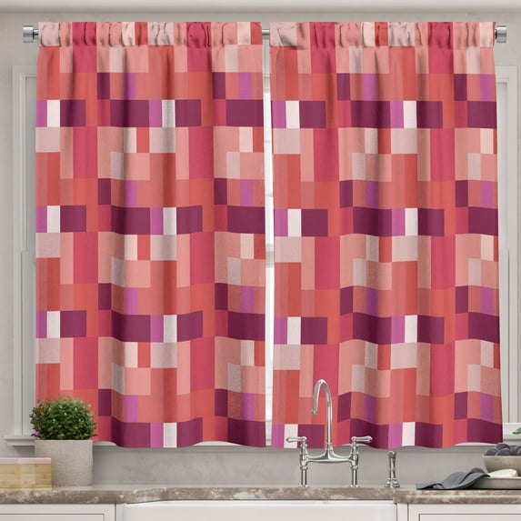 Ambesonne Peach Kitchen Curtains, Geometric Square Colorful, 55"x39", Purple Coral