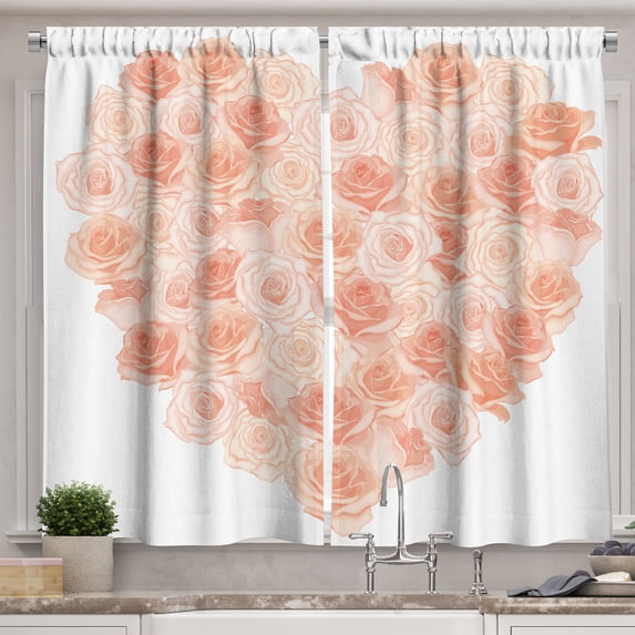 Ambesonne Peach Kitchen Curtains, Heart Shaped Blossoms, 55"x39", Salmon Peach