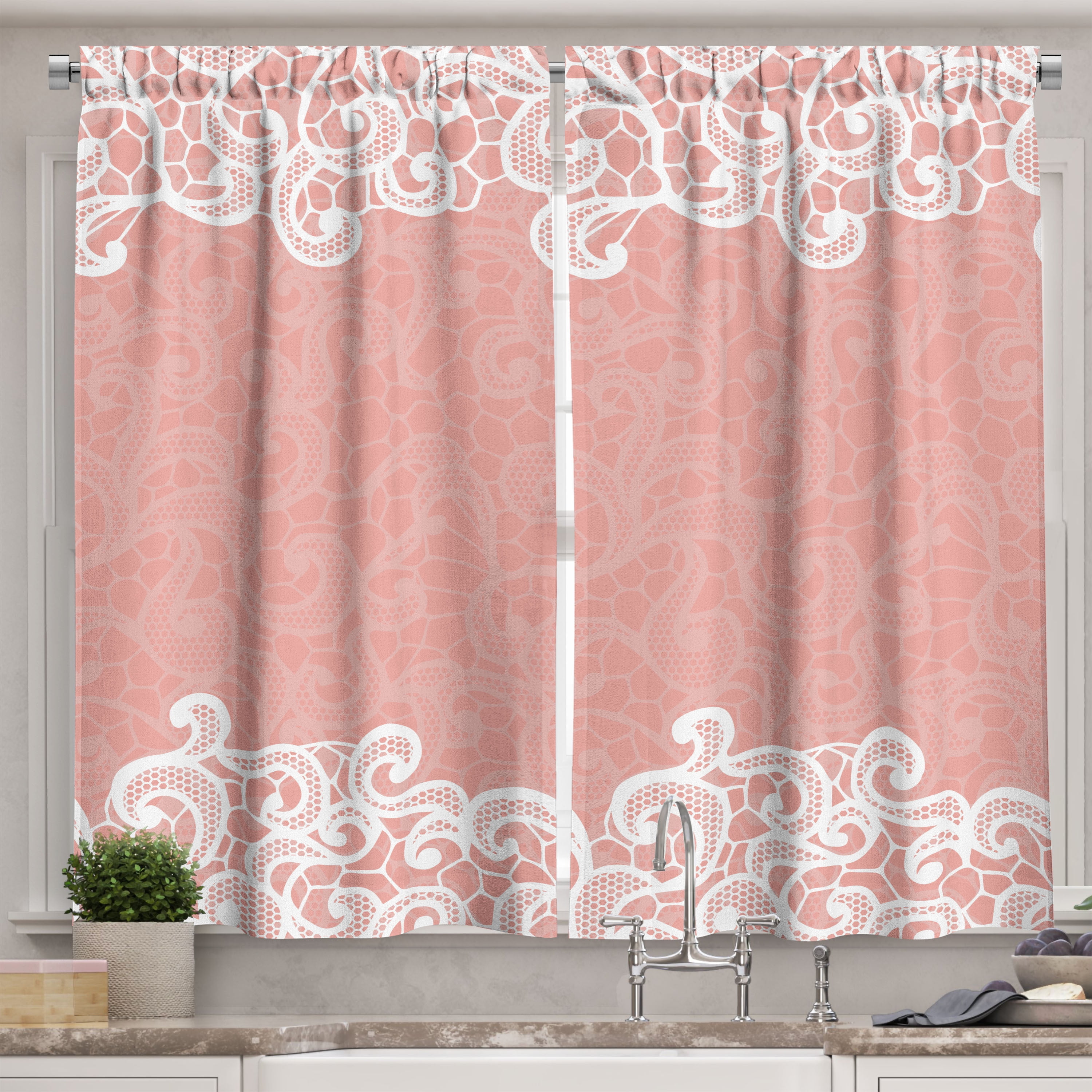 Ambesonne Peach Kitchen Curtains, Laces Design Ornamental, 55"x39