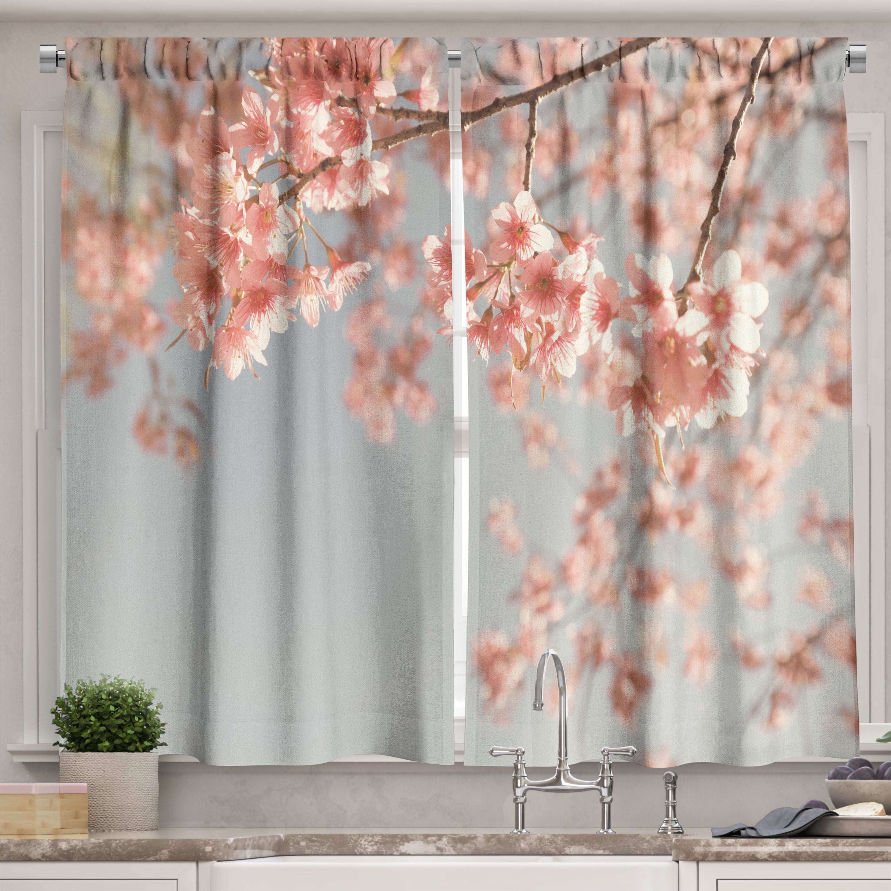 Ambesonne Peach Kitchen Curtains, Scenery Sakura Trees, 55"x45 ...