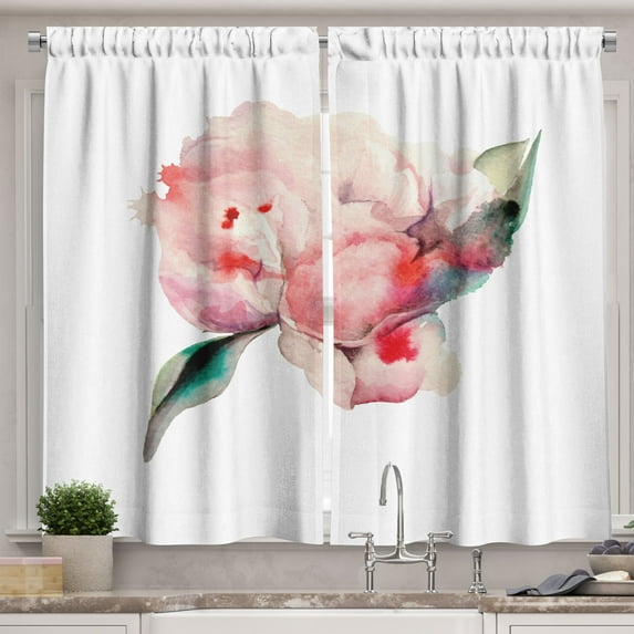 Ambesonne Peach Kitchen Curtains, Watercolor Penoies Nature, 55"x45", Scarlet Rose Green