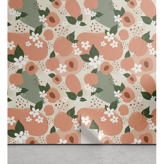 Ambesonne Peach Peel & Stick Wallpaper for Home, Abstract Nature Fruits Art, 13"x100", Eggshell Salmon and Green