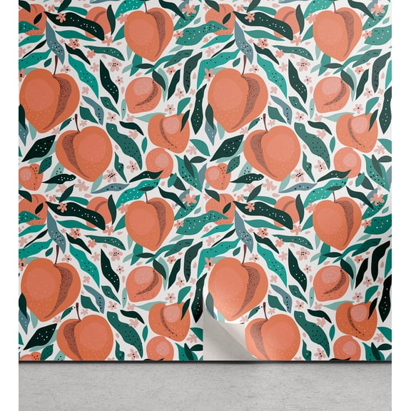 Ambesonne Peach Peel & Stick Wallpaper for Home, Fruits and Abstract Leaves, 13"x36", Salmon Teal and Blush