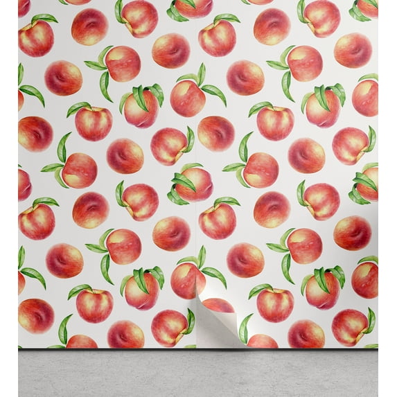 Ambesonne Peach Peel & Stick Wallpaper for Home, Fruits with Leaves Painting, 13"x72", Dark Pink Salmon and Green