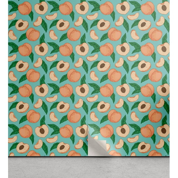 Ambesonne Peach Peel & Stick Wallpaper for Home, Fruits with Slices Fun Summer, 13"x36", Seafoam Green Salmon
