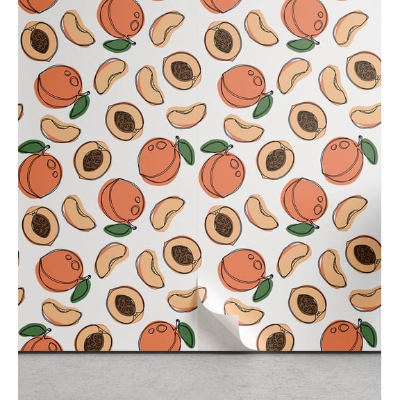 Ambesonne Peach Peel & Stick Wallpaper for Home, Halved and Whole Fruit Motif, 13"x36", Salmon Fern Green and Caramel