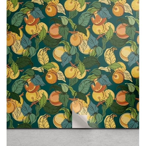 Ambesonne Peach Peel & Stick Wallpaper for Home, Sketch Detailed Fruit Leaf, 13"x36", Dark Teal Mustard and Green