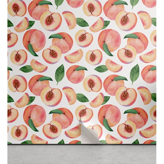 Ambesonne Peach Peel & Stick Wallpaper for Home, Watercolor Style Summer Fruit, 13"x36", Salmon Coral and Reseda Green