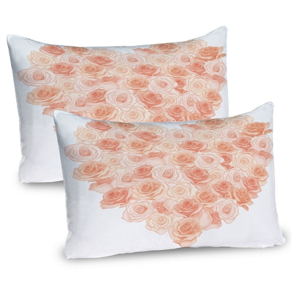 Ambesonne Peach Pillow Sham 2 Pack, Heart Shaped Blossoms, 36"x20", Salmon Peach