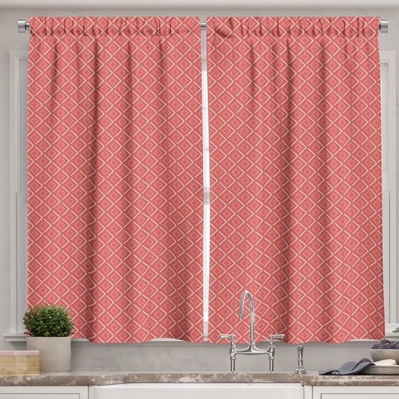 Ambesonne Peach Pink Kitchen Curtains, Chevron Lines Tiles, 55"x39", Coral Cream Salmon