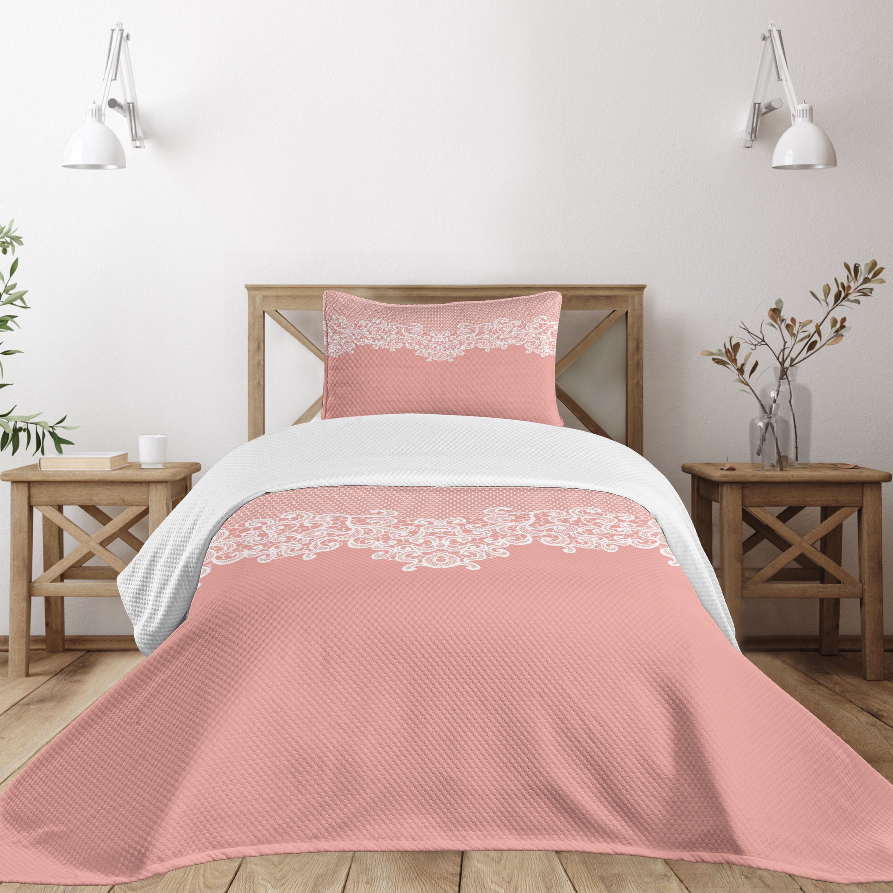 Twin White and Coral Quilted Bedspread Set